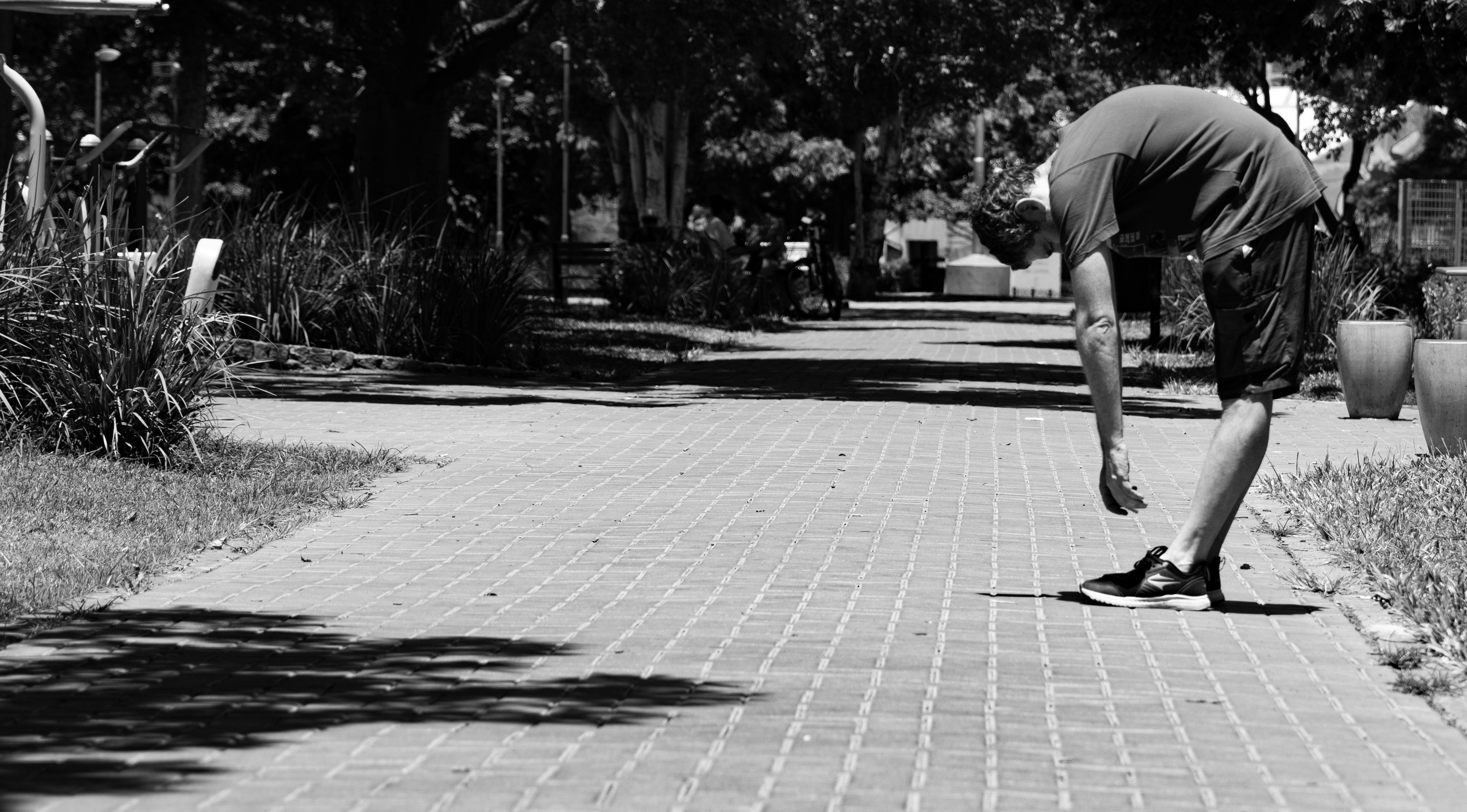 Man_stretching_in_a_park_on_a_brick_lined_walkway